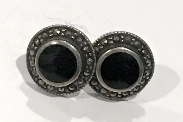 Onyx Vintage Marcasite & Heart Shaped Sterling Studs