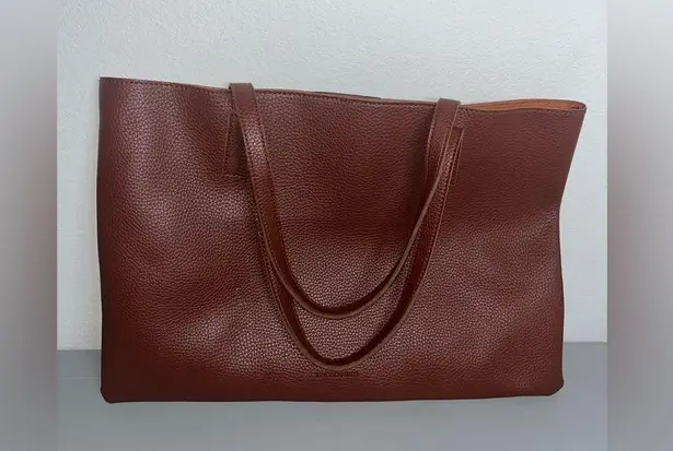 Vince Camuto Brown Vegan Pebbled Leather Black Line Detail Tote Bag 17.5 x 12 in