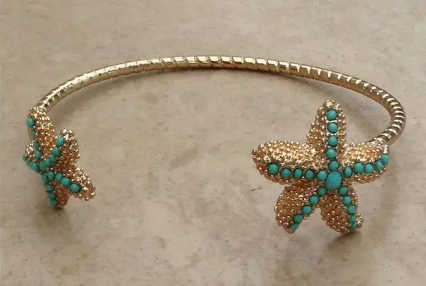 Gold Tone Turquoise Starfish Cuff Bangle Bracelet