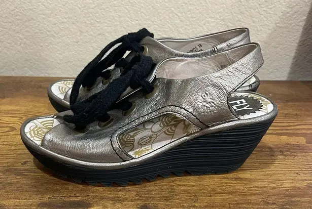 Fly London Ylva Wedge Lace-Up Mettalic Leather Sandal Shoe 38 7-7.5 Boho Grunge
