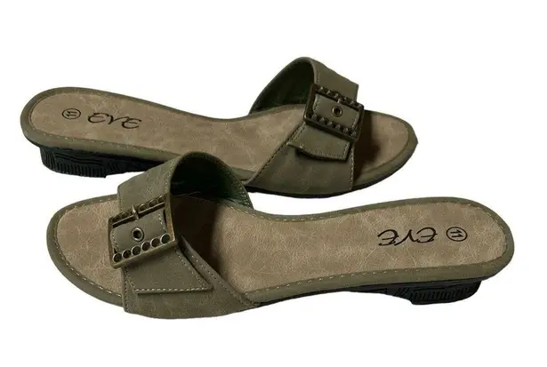 Eve Buckle Sandal Slides Low Heel Khaki Color Size 11 Brown