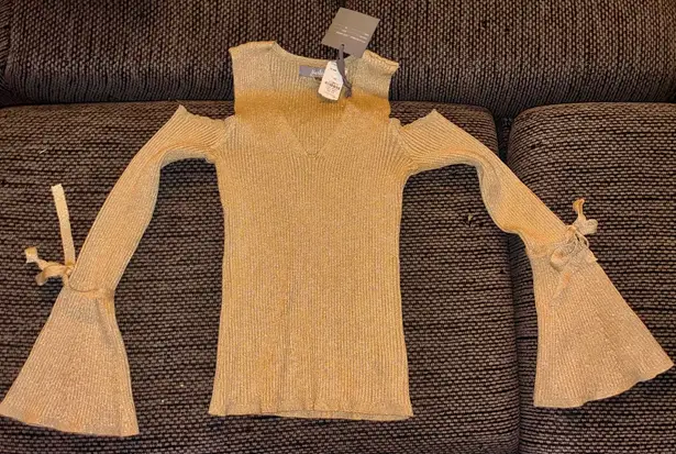 Neiman Marcus NWT $55 Marled, , Cold Shoulder Long-slv Gold Ribbed Sweater, Sz XS - Image 1