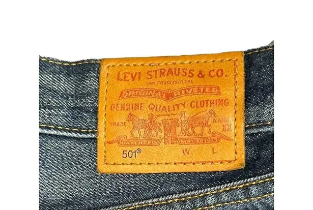 Levi's  501 bootie denim shorts Distressed raw hem button fly Big E 34" waist