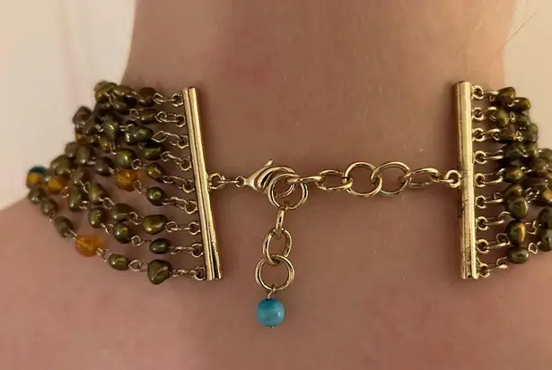 Multi Strand Beaded Necklace Gold Tone Metal, Turquoise, Green & Amber By Sequin Blue