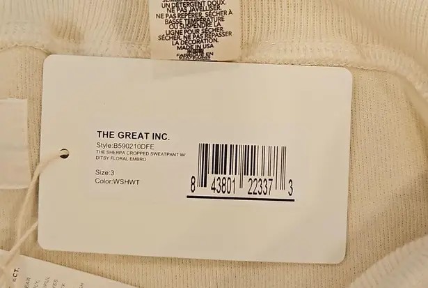 The Great Sherpa Cropped Sweatpant Ditsy Floral Embroidered ~ Washed White L NWT