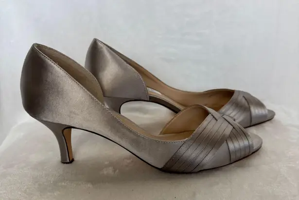 Nina Women Peep Toe Pump Heels Size US 9.5M Silver Satin D’Orsay Dress Shoes