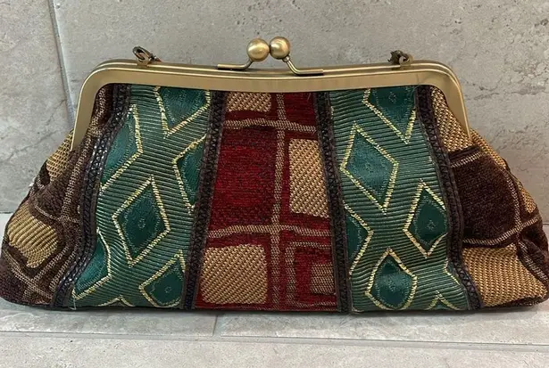 Prezzo Vintage NWT Tapestry Beaded Rhinestone KISS lock purse changeable straps Brown