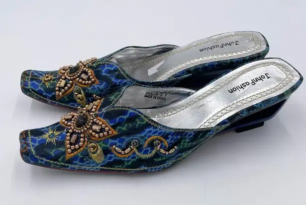 JohnFashion Women's Embellished Beaded Wedge Heel Mules Size 7 Bohemian Colorful Blue