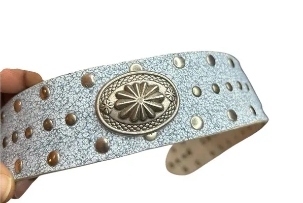 Y2K Western Style Powder Blue Studded Belt with Antique Silver Buckle & Concho