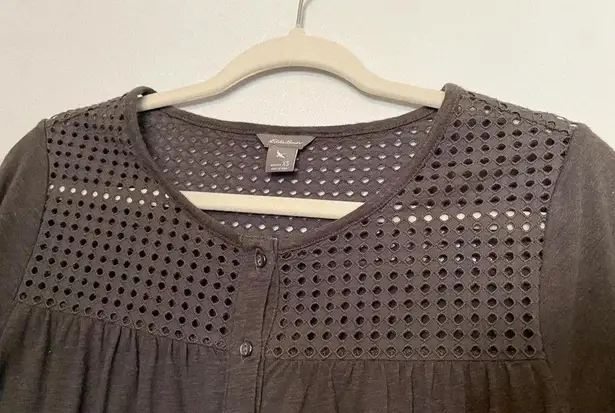 Eddie Bauer Crochet Boxy Blouse Button Up Cottagecore Coquette Modesty Top Boho Gray Size XS