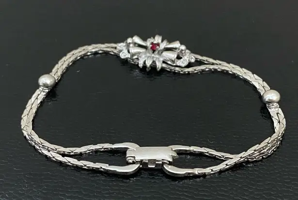 Ruby Vintage Signed Silver Floral Bell Center Double Snake Chain 7.5” Bracelet