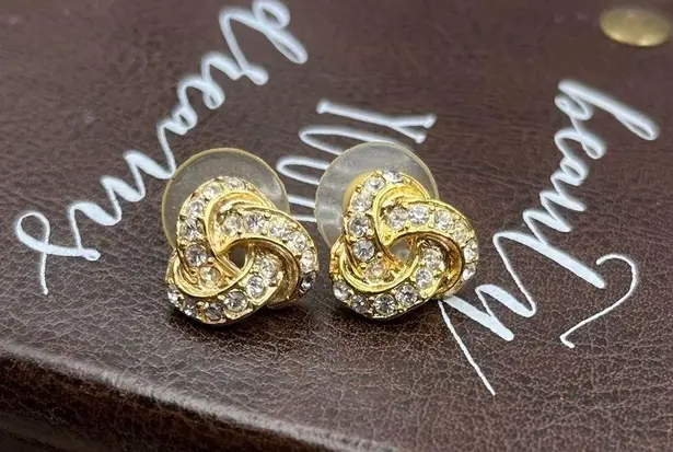 Vintage Gold Knot Rhinestone Earrings Retro 80s 90s Glam