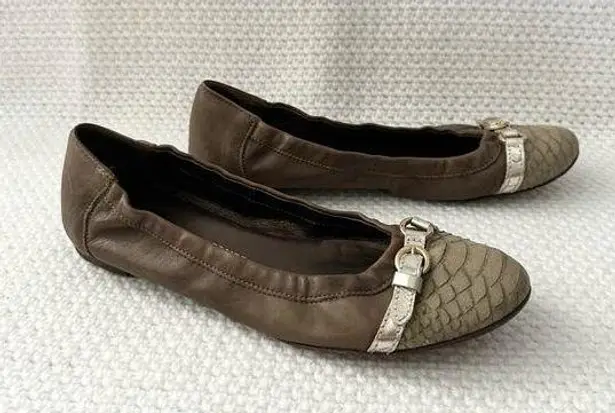 AGL Brown Taupe Snake Textured Cap Toe Ballet Flat Pewter Metallic Buckle 40 Size 9