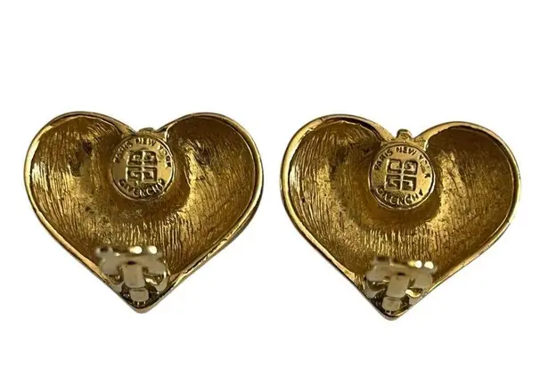Givenchy Logo Gold tone HEART Shape Clip-On Earrings Vintage