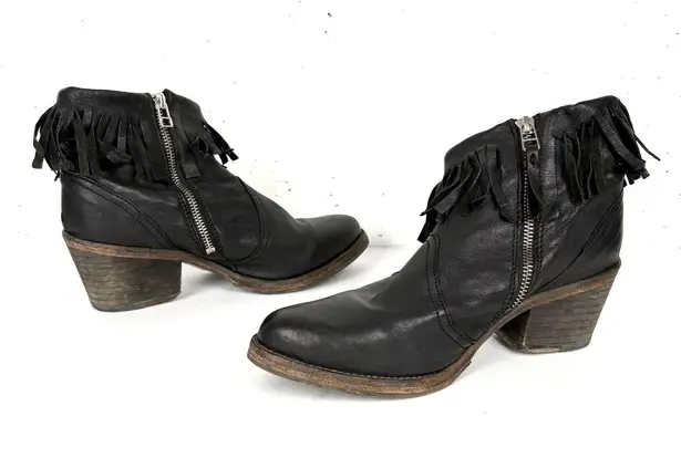 ALLSAINTS Women Bonny Valley Black Leather Fringe Ankle Boots Cuban Heel Size 39