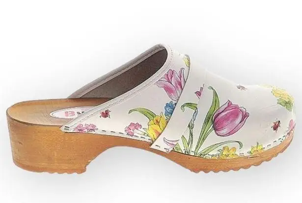Buxa Floral Leather Clogs Wooden Sole Slip