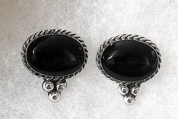 Onyx TAXCO Black Cabochon Sterling Silver Southwest Style Post Back Earrings