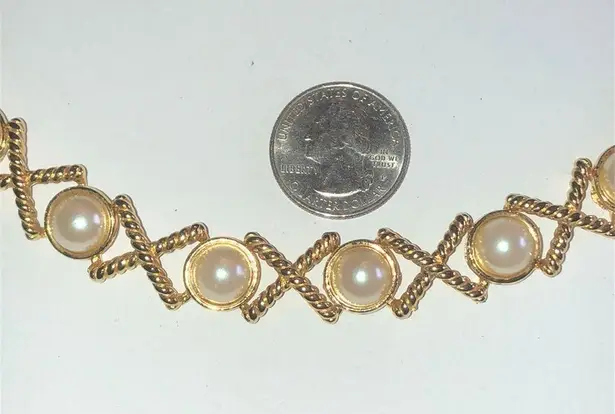 Vintage Gold Tone & Faux Pearl X Link Chunky Retro Bracelet