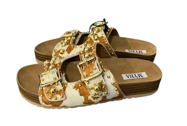 NWT Myra Dumble Leather Cowhair Studded Strappy Buckle Slide In Sandals Sz 7 White