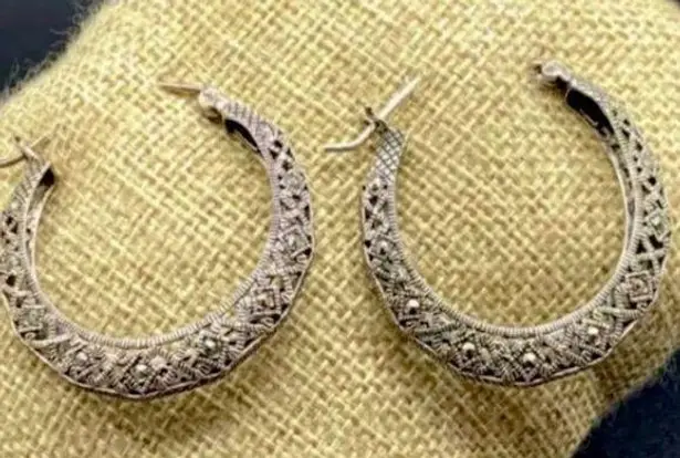 Sterling Silver Vintage Marcasite Cut Out Hinge Back Classic Hoops Earrings