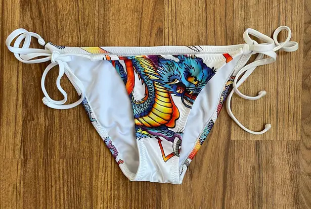 Ed Hardy Vintage Y2K Rare White Blue Dragon String Triangle Edgy Bikini Set