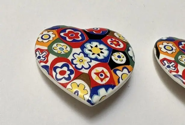 Large Oversized Ceramic Heart Clip On Earrings Multi Color Floral Mosaic Print