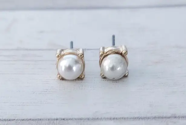 Vintage Stud Earrings Faux Pearl with Square Gold Tone Halo