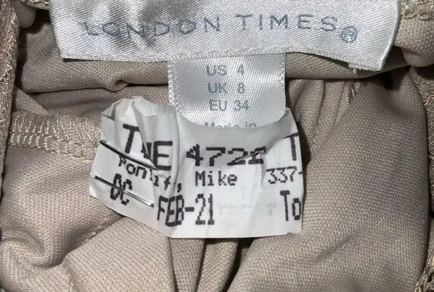 London Times Golden Tan Lace Overlay Midi Dress Rosegold Rhinestone Neck Size 4