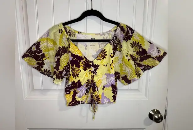 Maeve Anthropologie Purple and Yellow Floral Flutter Sleeve Cinched Top