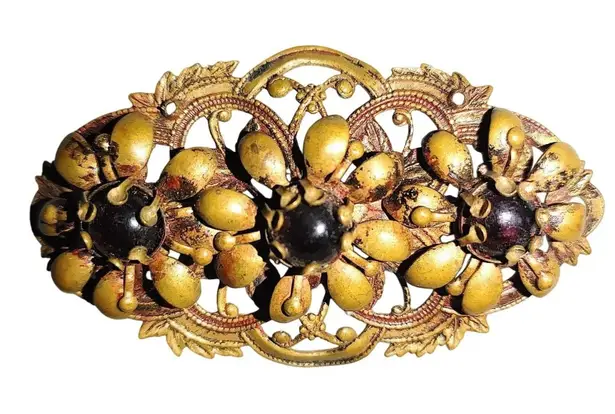Antique Brooch Victorian Art Nouveau Gold Tone Floral Gilt Brass Dark Glass