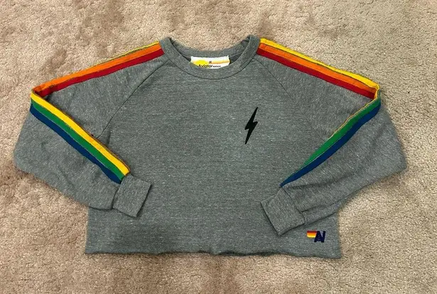 Aviator Nation  Heather Grey Rainbow 5 Stripe Cropped Crewneck