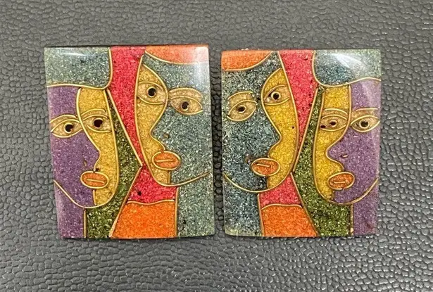 Vintage 70's Modernist Colorful Abstract Faces Resin Lucite Large Earrings 16.8g