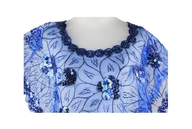 Cobalt Blue Mesh Caped Floral Print Top with Sequins And Beading