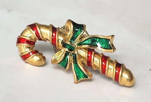 Avon Candy Cane Pin Lapel Gold Tone Red Green Enamel Christmas Bow Small