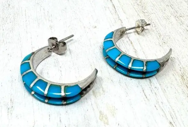Sterling silver and inlaid turquoise half moon earrings, vintage
