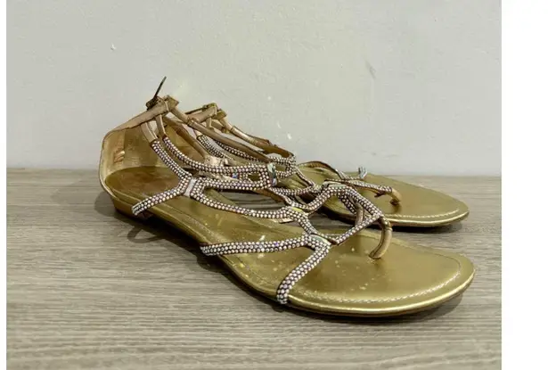 Rene Caovilla Crystal Embellished Flat Strappy Sandals Gold Women's 38.5 / 8.5