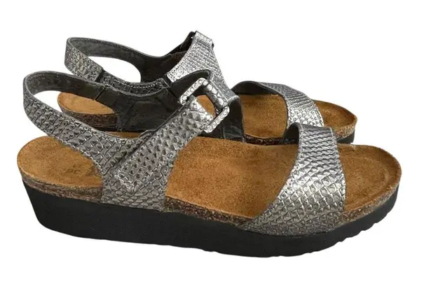 Naot Pamela Snake Skin Print Silver Metallic Leather Sandals Women’s 36 US 5