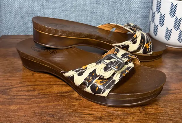 Dr Scholls The Original Sandal Size 8 Wood Platform Slide Leopard Buckle Retro Brown