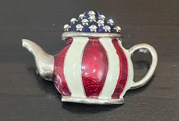 2009 AD Patriotic July 4th Enameled Tea Kettle Tea Party Brooch