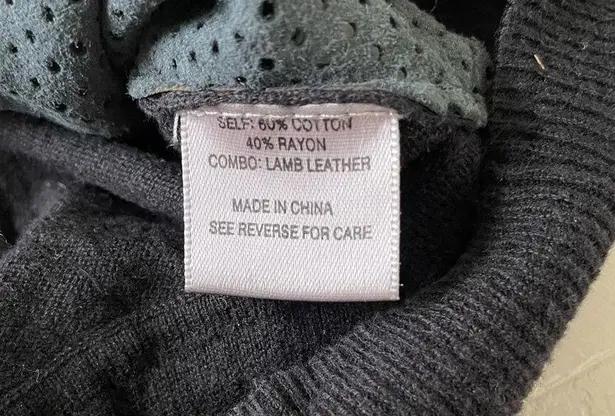 Lamb leather mixed media top long sleeves perforated leather sweater size S Black