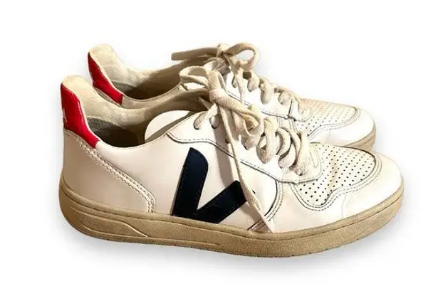 VEJA  V-10 White, Red & Blue Leather Lace-Up Sneakers Sz 7