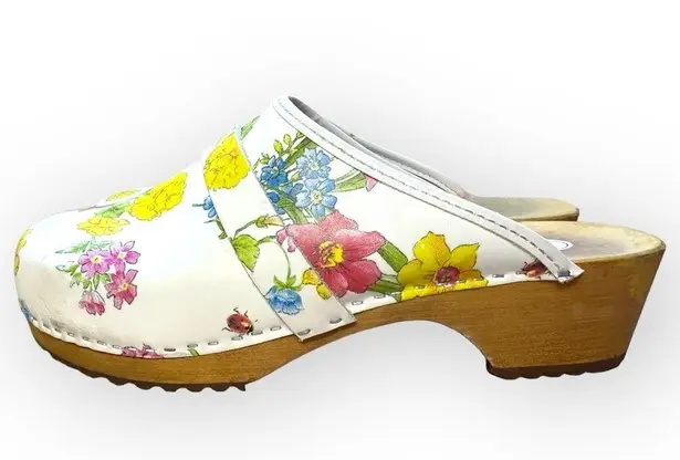 Buxa Floral Leather Clogs Wooden Sole Slip