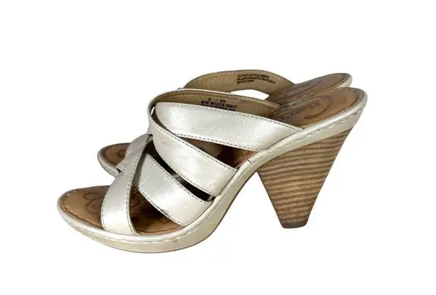 Born Cream Leather Strappy Wood Stacked Chunky Heel Sandals Heels Size 8