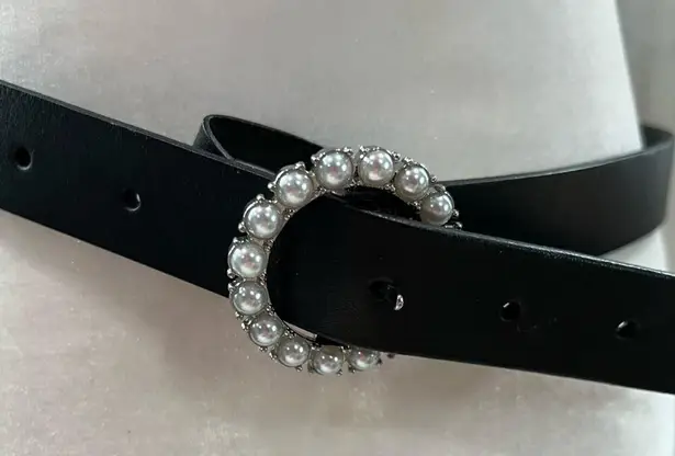 J.Crew NWOT  Black Leather Pearl Buckle Belt BU668