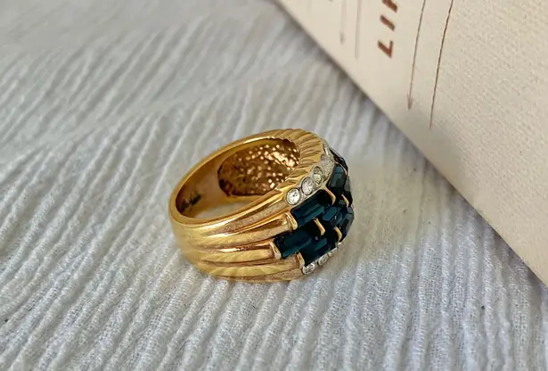 18KGE RSC Blue Glass Statement Ring Covenant Elegant Vintage Sparkly Glam Jewelry