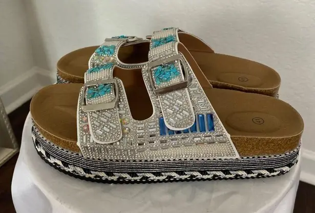 Chunky Silver Blue Rhinestone Beaded Bedazzled Platform Sandal Slides 10 10.5