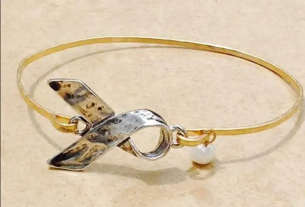 Two Tone Awareness Ribbon Pearl Charm Bangle Silver