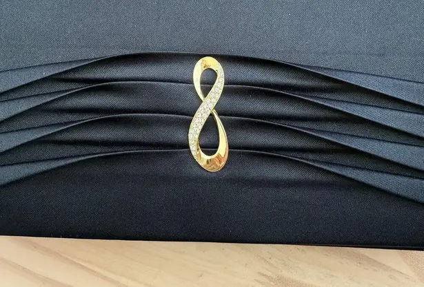 Vintage 60s Black Satin Pleated Purse Clutch Gold Tone Rhinestone Infinity Clasp