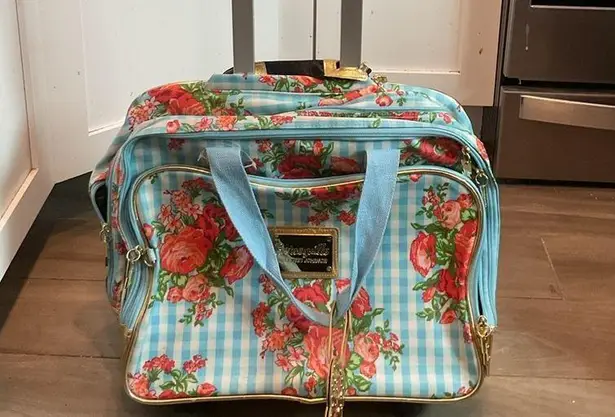 Betsey Johnson Vintage Gingham Blue White Floral Carry On Roller Luggage Bag Y2K