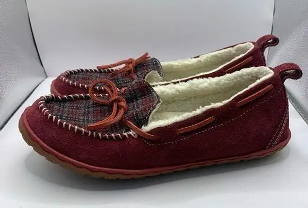 L.L.Bean  Mocassian Loafer Style Slippers Maroon Plaid Sherpa Lined Women's 11M